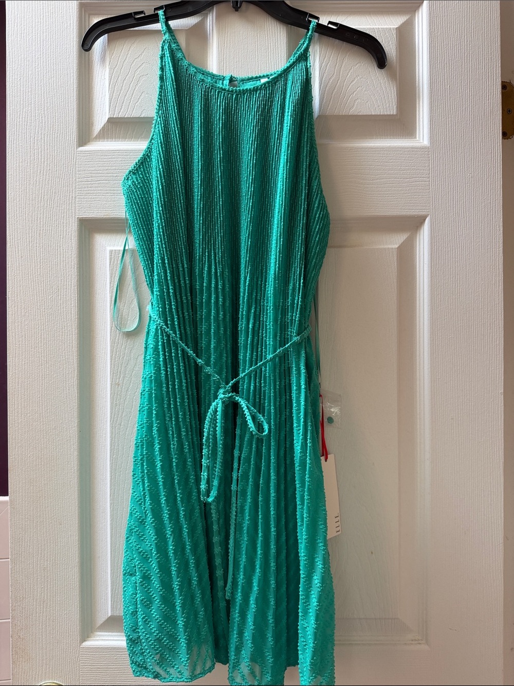 Elle Sea Green Sleeveless Pleated Tie-Waist Midi Dress